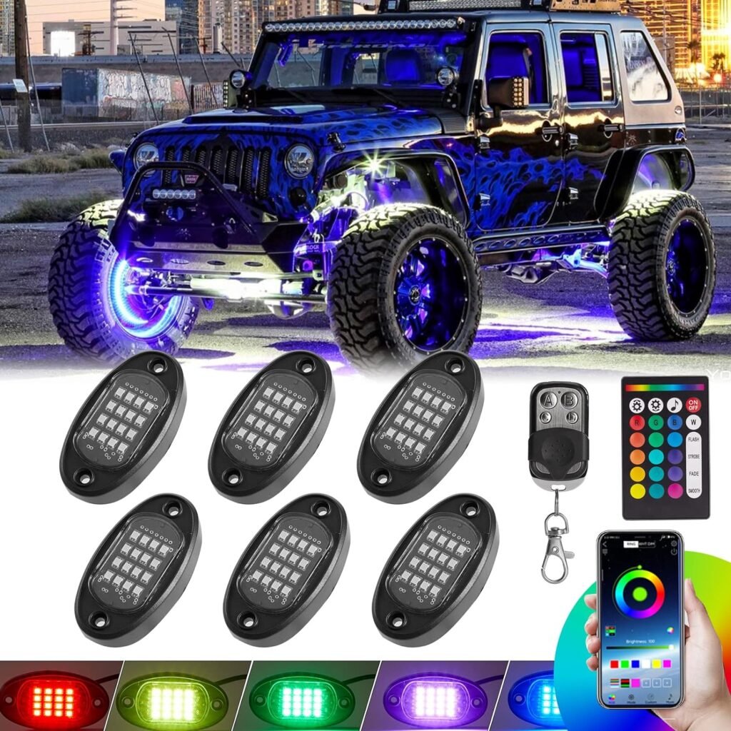 6 Pods LED Rock Lights for Truck Jeep ATV UTV SUV Golf Cart Offroad Wheel Well Driving Travel Essentials Waterproof Neon Car Underglow Light Kit with App/RF Remote Dual Zone Exterior Underbody Light