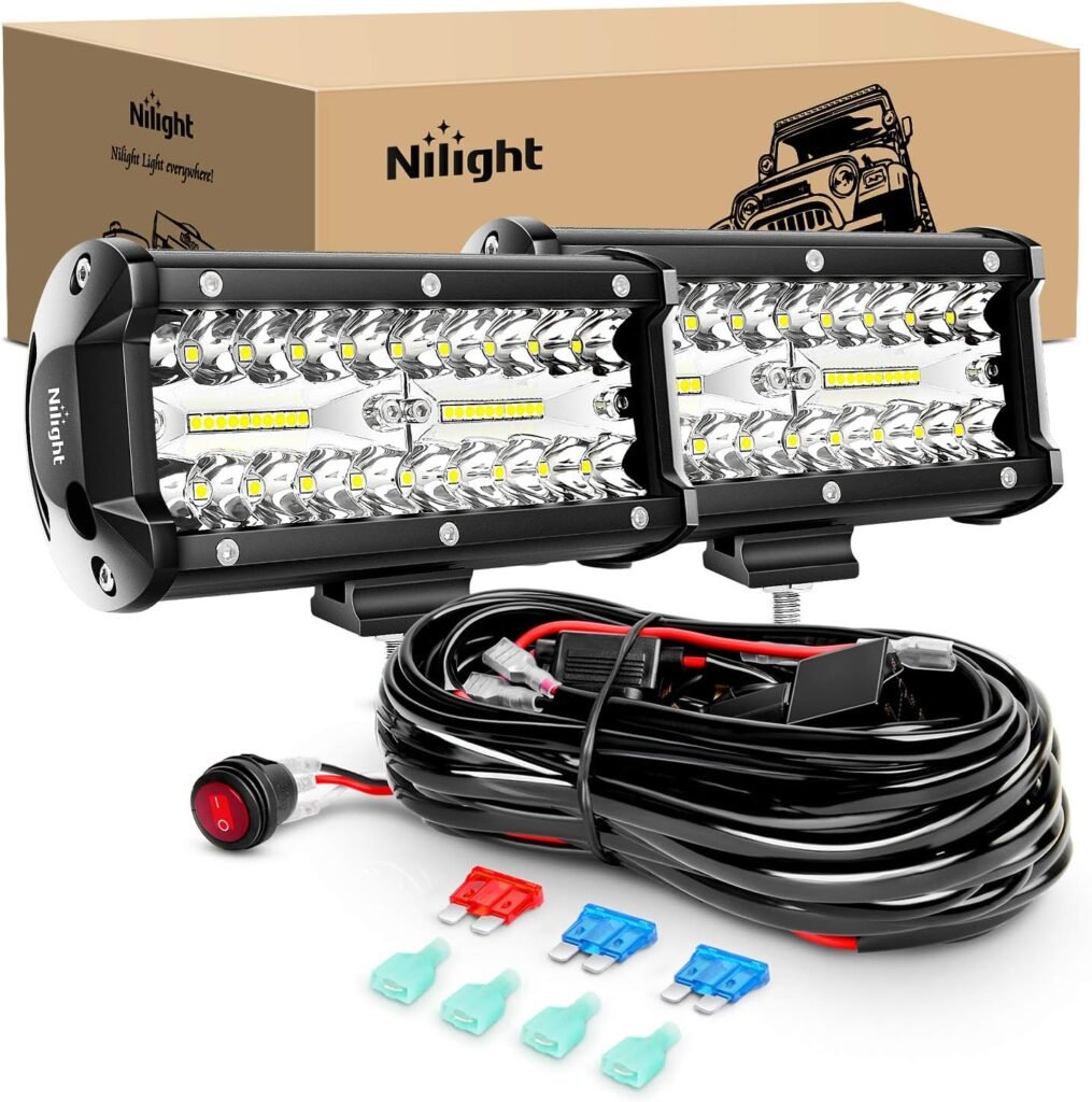 Nilight ZH303 2PCS 6.5 Inch 120W Spot  Flood Combo Driving 16AWG Wiring Harness for Led Work Light Triple Rows Off-Road Truck Car ATV SUV, 2 Years Warranty, White