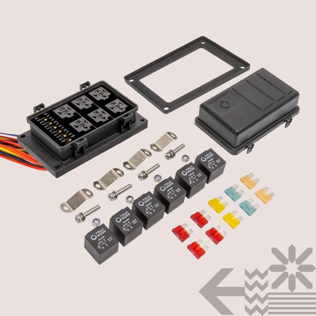 True Mods 12V Auto Waterproof Fuse Relay Box Block Kit w/ 12AWG + 16AWG Pre-Wired Harness [Bosch Style Relays  Fuses Included] Universal Relay Panel for DC Automotive Vehicles Cars Marine Boat Jeep
