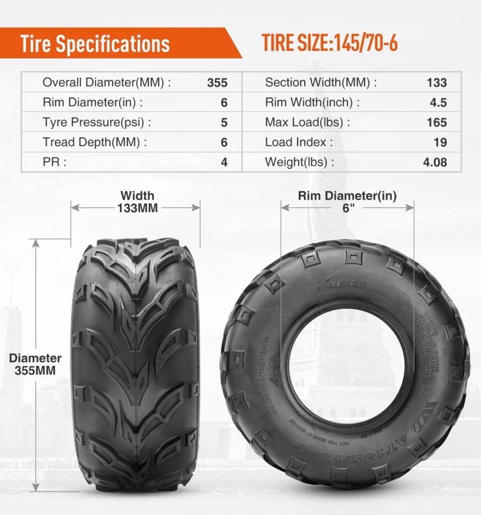 145/70-6 ATV  Go Kart Street Mini Bike Tires, 145 70-6 Tubeless Off-road Tires 4PR (Pack of 2)