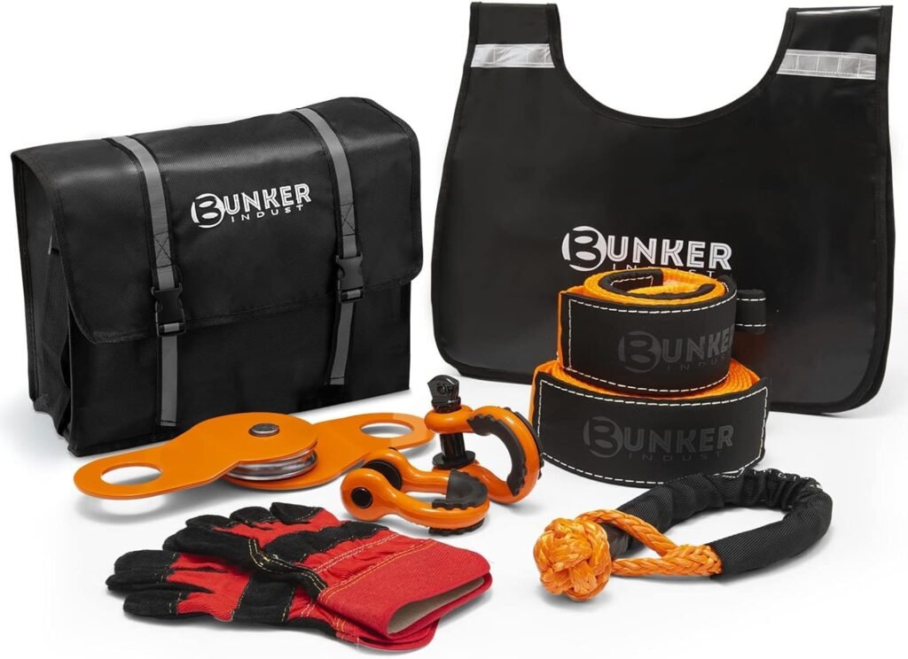 BUNKER INDUST Heavy Duty Recovery Strap Kit, 20+8 Tow Strap + Winch Line Dampener +Snatch Block +D-Ring Shackles + Gloves +Soft Shackle +Bag,Off Road 4x4 Gear Winch Accessories