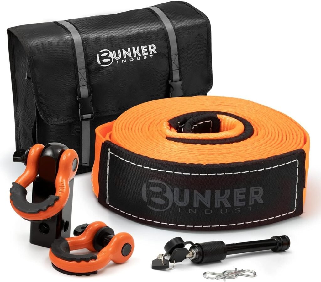 BUNKER INDUST Heavy Duty Recovery Strap Kit, 20+8 Tow Strap + Winch Line Dampener +Snatch Block +D-Ring Shackles + Gloves +Soft Shackle +Bag,Off Road 4x4 Gear Winch Accessories