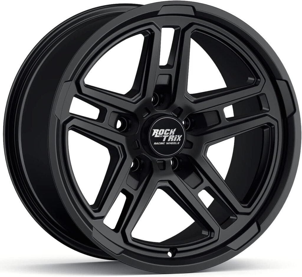 RockTrix RT108 17 inch Wheel Compatible with Jeep Wrangler JK JL 17x9 5x5 Wheels (-12mm Offset, 4.5in Backspace) 5x5 PCD, 71.5mm Bore, Black Wheels, Also fits Gladiator JT Rims