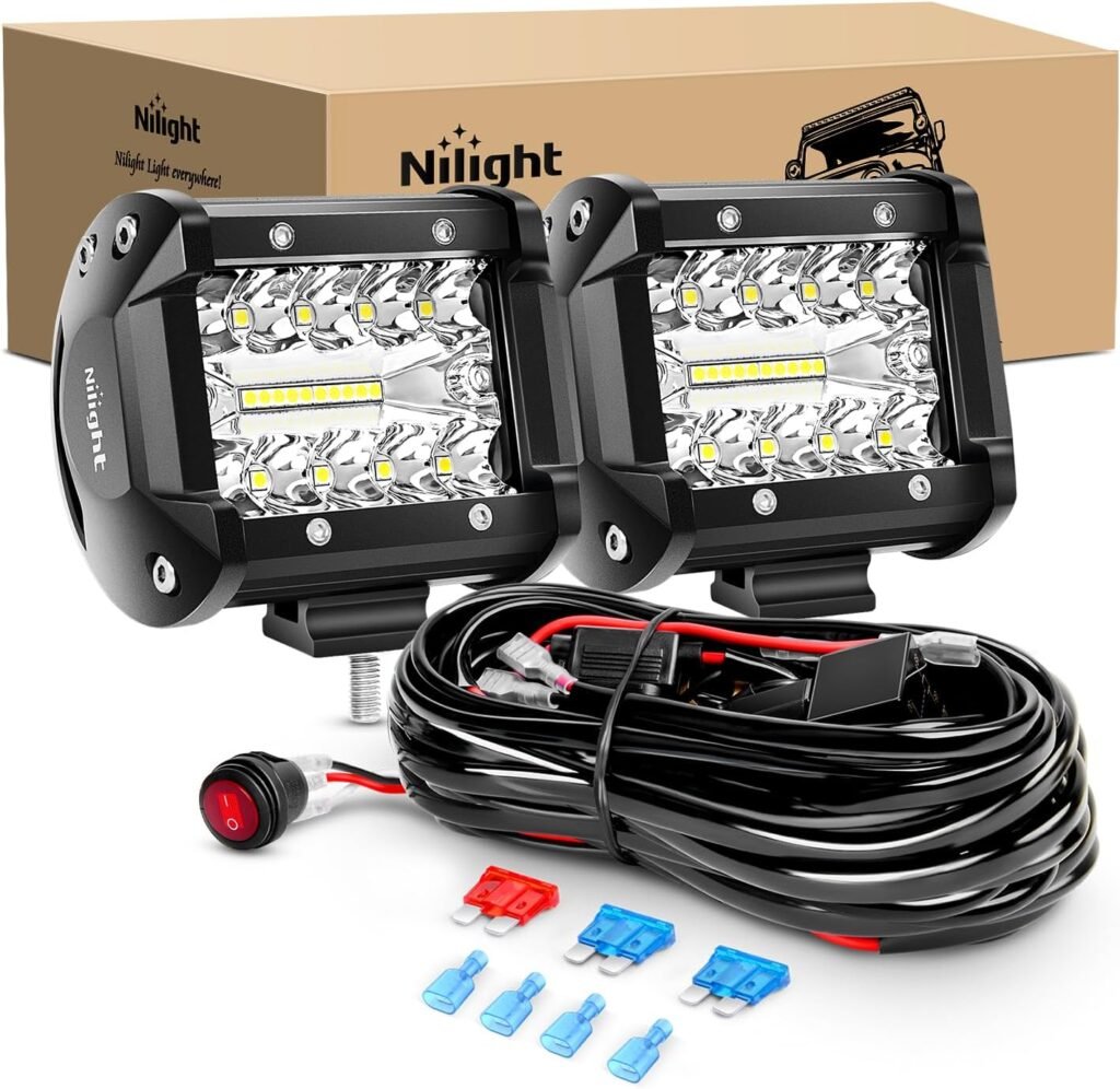 Nilight LED Light Bar 2PCS 60W 4 Inch Flood Spot Combo Work Light Pods Triple Row Driving Lamp with 12 ft Wiring Harness kit - 2 Leads,2 Year Warranty