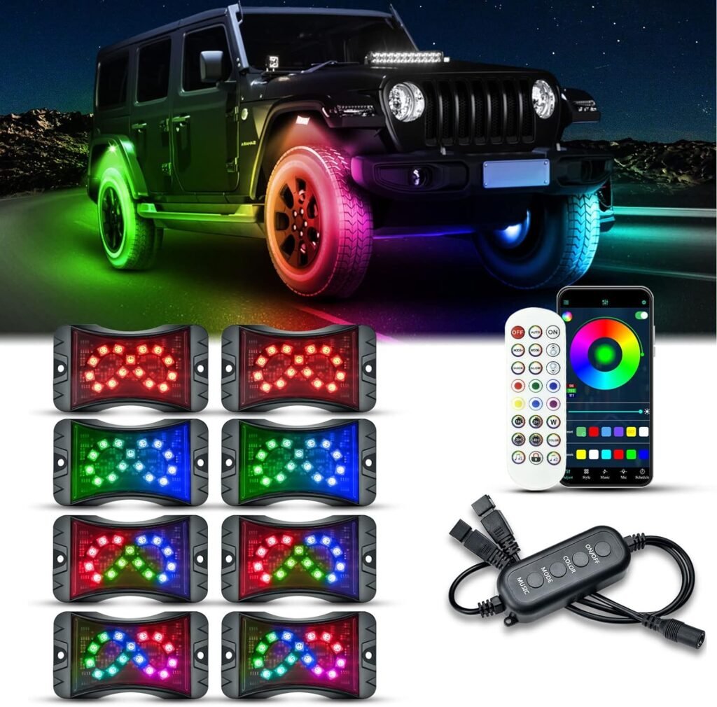 RGB LED Rock Lights Kit, Upgraded 210 Degrees Wide Angle Multicolor Chasing Underglow Neon Lighting Kit, Music Sync, 8Pcs 024007 0