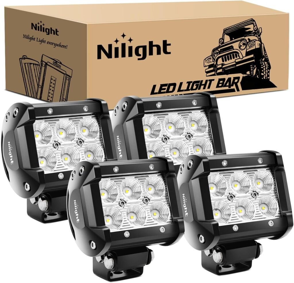 Nilight LED Pods 4PCS 18W 1260lm Flood Light Bar Driving Fog Off Road Lights Work 24V 12V For Motorcycles Van Camper Wagon Car Pickup ATV UTV SUV Truck Boat, 2 Years Warranty